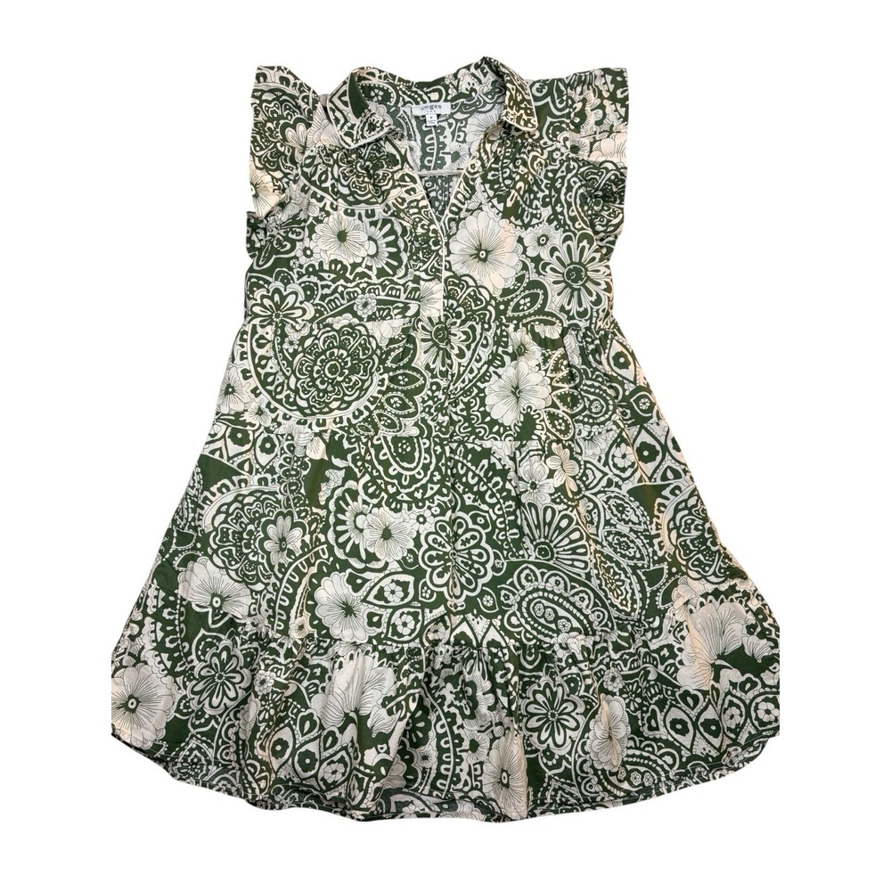 Umgee Green Floral Paisley Tiered Midi Dress M Boho Cottagecore Sleeveless
